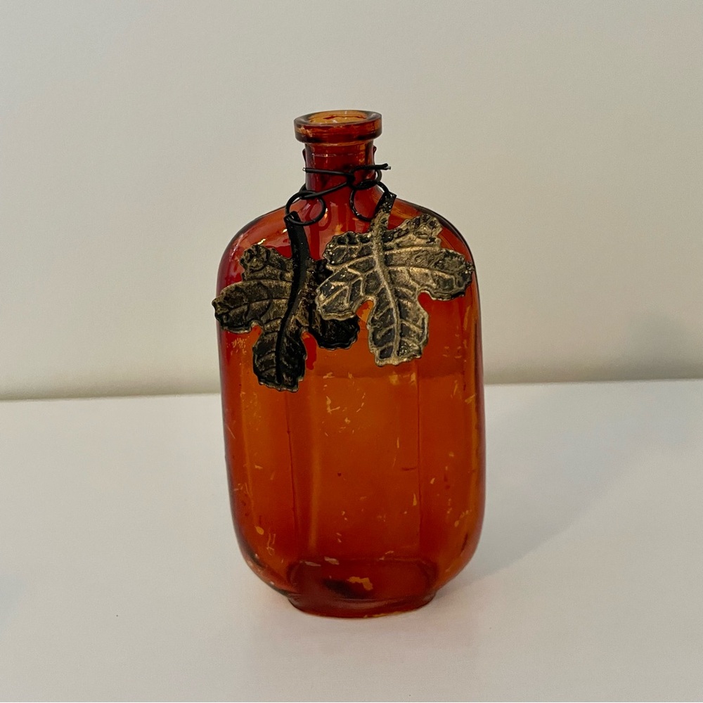 Amber Glass Bottle Vase with Leaf Charms